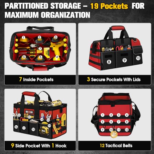 16-Inch Heavy Duty Tool Bag, 19-Pockets Tool Box Organizer, Portable Toolbag W/Soft Handle for Organized Storage, Mechanic Gifts for Men Dad Husband Fathers Day, Wide Mouth Electrician Toolbox, Red by Veitorld - Used condition - US$30.46