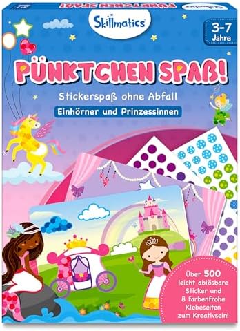 Skillmatics Bastelaktivität - Pünktchen spaß! | Stickerkunst ohne Saubermachen, Geschenke für Kinder von 3 bis 7, Vervollständige 8 Bilder voller Prinzessinnen & Einhörner