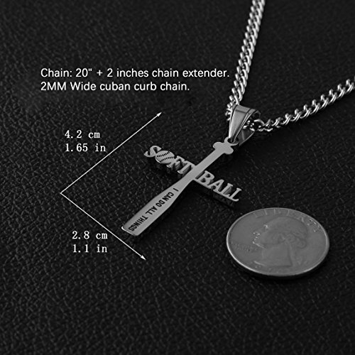 HZMAN Softball Bat Cross Pendant, I CAN DO ALL THINGS STRENGTH Bible Verse Stainless Steel Necklace3