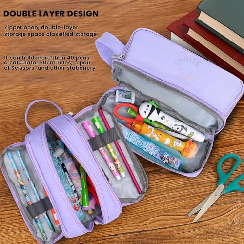 Image of Large Capacity 4 Compartment Pencil Case with Handle | Aesthetic School Pouch for Girls & Boys | Unicorn Eraser Included | Stationery Organizer for School, College & Office(Purple Pouch + Eraser)