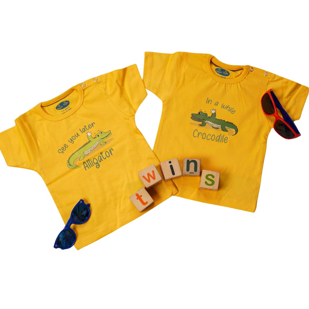 TwinsTribe Twins Tshirt Set for Babies | Alligator & Crocodile Funny Print | Twins Gift Ideas | Twins Clothes Outfit Set | Cotton Tees-image-25