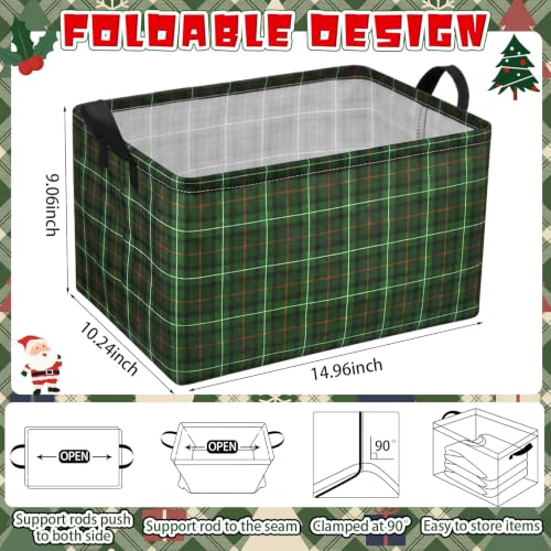 Image of Chunful 4 Pack Christmas Tartan Plaid Storage Baskets for Gifts Collapsible Green Tartan Decorative Laundry Storage Bins Foldable Box with Handles for Home Bedroom Office Holiday Clothes Containers