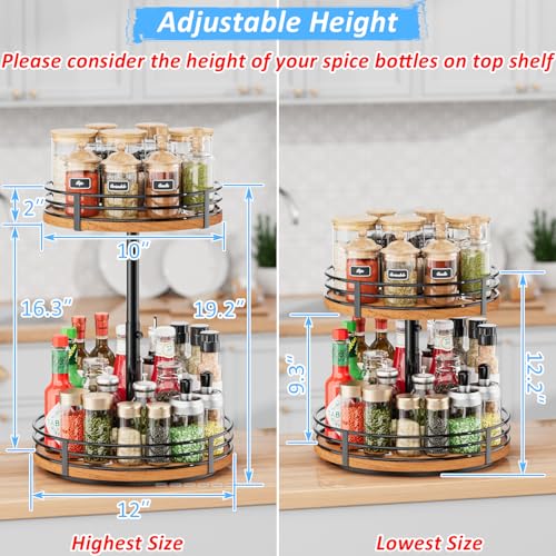 OVICAR Lazy Susan Adjustable Turntable Organizer - 2 Tier Wood Rotating Spice Rack 12 Inch Kitchen Countertop Cabinet Pantry Dining Table Bathroom Coffee - Image 3