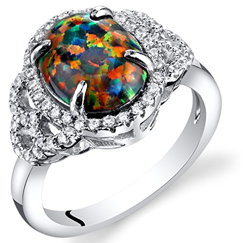 PEORA Created Black Fire Opal Large Vintage Style Ring for Women 925 Sterling Silver, 1.25 Carats Oval Shape 10x8mm, Sizes 5 to 9