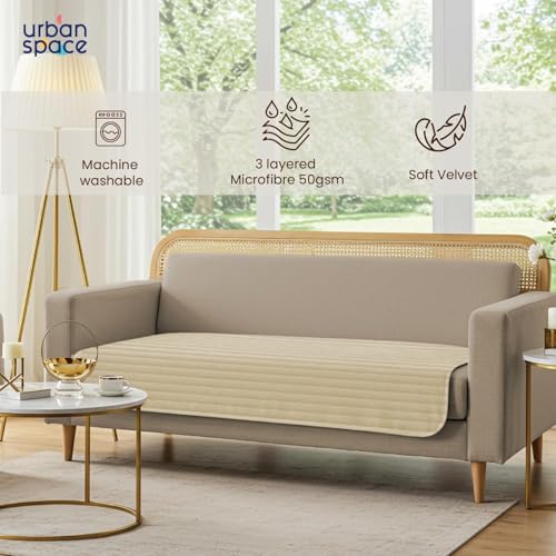 Image of Urban Space 3 Seater Quilted Velvet Sofa Cover Mat, Easy Care & Machine Washable Sofa Cover, Sofa Seat Mat for Couch for Living Space (3 Seater - Velvet Beige)
