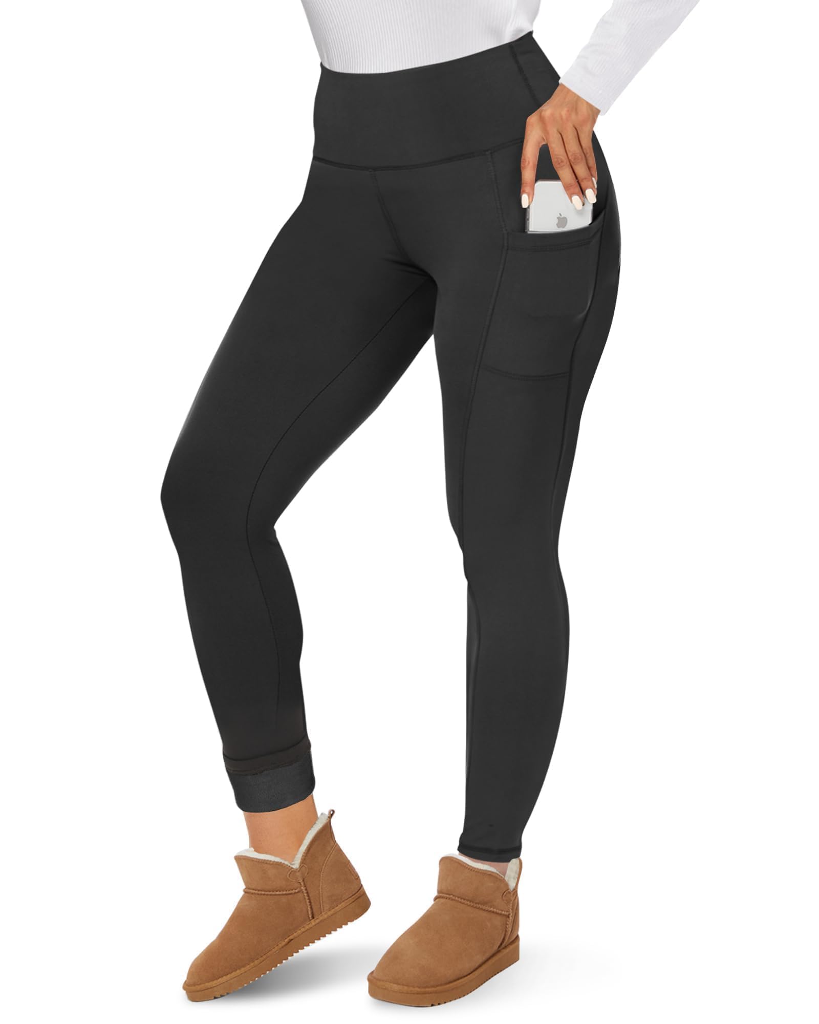 CAMPSNAIL Fleece Lined Leggings Women - Thick Soft High Waisted Black Tummy Control Thermal Warm Velvet Pants for Cold Winter Pockets, Black Small