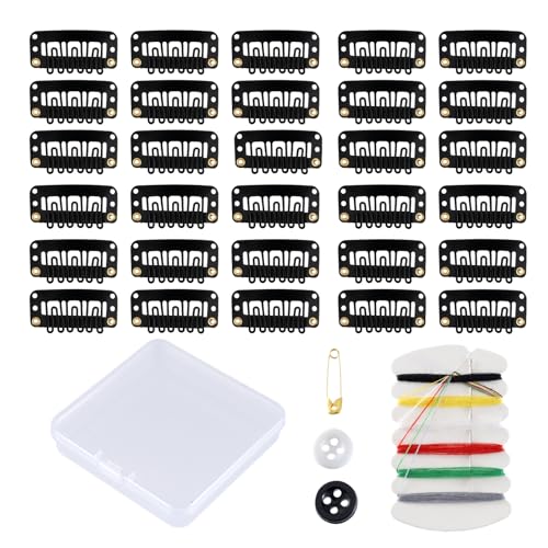30 Pieces Wig Clips to Secure Flat Hair Clip Hair Extension Clip with Thread Kit Hair Extensions Clip for Women Bangs Hair Clip DIY Set for Kids and Pets Black Chunni Clips