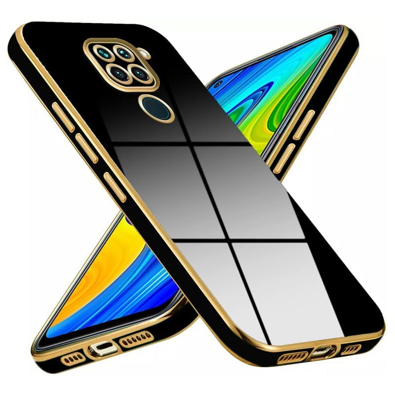 The Little Shop 6D Chrome Back Cover for Redmi Note 9 with Gold Plated Frame, Silicon, Glossy Backside (Black)