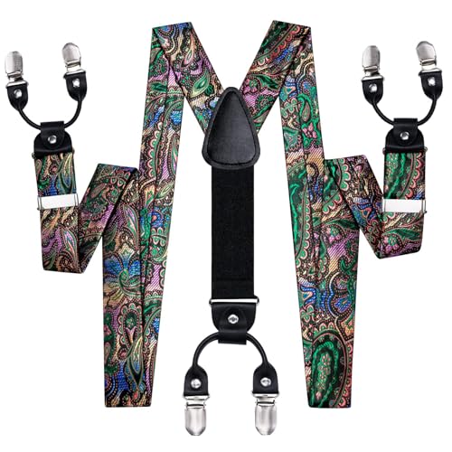 Image of Hi-Tie Men's Suspenders and Tie Set Silk Adjustable Elastic Y Braces with Strong 6 Clips Pocket Square Set