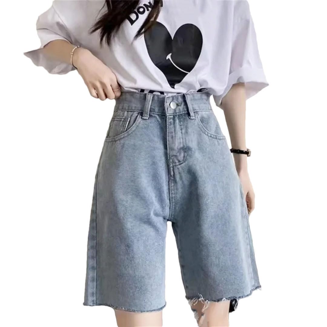 Damskie spodenki jeansowe dla Harajuku Vintage Denim Szorty Jednolite Casual Proste Półspodnie, Jasnoniebieski, S