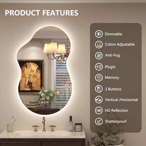 Image of 20x36 Inch Irregular Backlit Led Lighted Vanity Mirror | Asymmetrical Bathroom Mirror with Light, Cloud Shape, Fogless, Dimmable, Memory, 3 Colors, Shatterproof (Horizontal /Vertical)