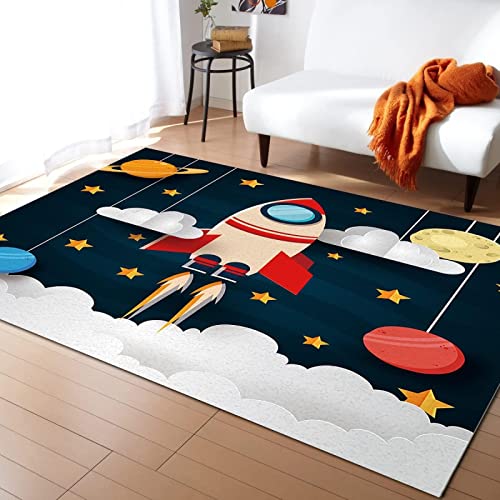 Image of SIECHI Cartoon Rocket Ship Area Rug, Cosmic Planetary Space Station Indoor Non-Slip Kids Rugs, Cartoon Print Rug for Room Sofa Living Room Mat Bedroom Home Decor Floor Mats,2 x 3ft