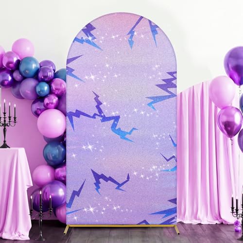 CrystalSylara 7.2ft Kpop Arch Backdrop Double-Sided 2-in-1 Glitter Purple & Iridescent Silver Arch Stand Cover with Lightning Kpop Themed Decoration for Birthday Concert Photo Booth