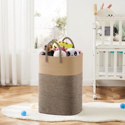 Image of Laundry Basket,Woven Cotton Rope Laundry Hamper,Versatile Storage for Dirty Clothes,Baby Toys,and Blankets in Bathroom, Nursery,and Living Room (Jute, 60L)