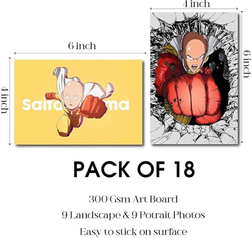 Image of ATEVON One Punch Man Wall Poster Set - Pack of 18 Mini Wall Collage Kit (6x4 Inch) - Aesthetic Posters for Room Decor, Unframed Wall Art for Fans