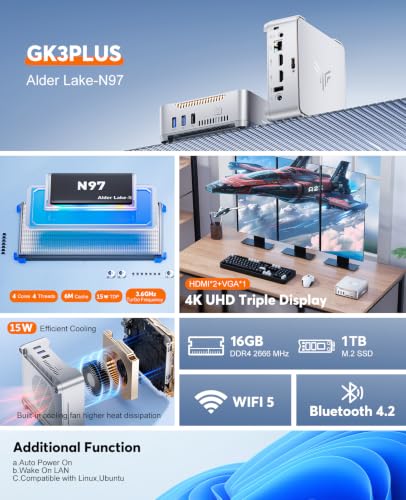 Image of KAMRUI GK3Plus Mini PC, 12th Gen Alder Lake N97, 16GB DDR4 1TB M.2 SSD | Up to 3.6GHz, Support 2.5'' SSD Expansion, 4K UHD, Three Screen Display, WiFi,BT,VESA /Home /Business /Office Mini Computers