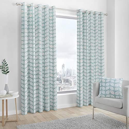 Fusion Delft Leaf Print 100% Cotton Eyelet Lined Curtains, Duck Egg, 66 x 90 Inch, 52% Polyester / 48%, W168cm (66") x D229cm (90")