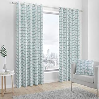 Fusion Delft Leaf Print 100% Cotton Eyelet Lined Curtains, Duck Egg, 66 x 90 Inch, 52% Polyester / 48%, W168cm (66") x D229cm (90")