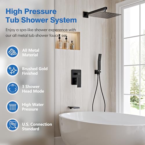 Sistema de Ducha Negro Mate con Grifo para Bañera y Ducha de Lluvia de 12 Pulgadas | Juego Completo de Ducha para Bañera y Ducha de Lluvia con Válvula y Kit de Acabados, Montaje en Pared miniatura 2