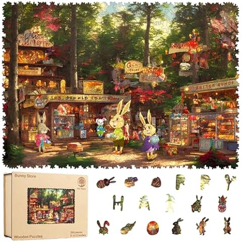 Mys Aurora Easter Puzzles for Adults 200 Piece Bunny Store Wooden Puzzles, Unique Shaped Jigsaw Puzzle Educational Gift for Kids and Family 8.1" x 12" Cover