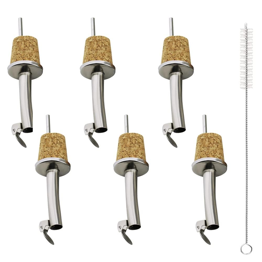 Mmgoqqt White Bottle Pourer Cork With Cleaning Brush, 6 X Spirit Pourer, Oil Pourer For Bottles, Spirits Bottle Pourer, Natural Cork, Scoop For Rum, Whiskey, Drinks Or Vinegar And Oil