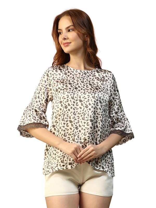 Women Animal Print Round Neck 3/4 Sleeve Lace Detail Nightwear Satin Top