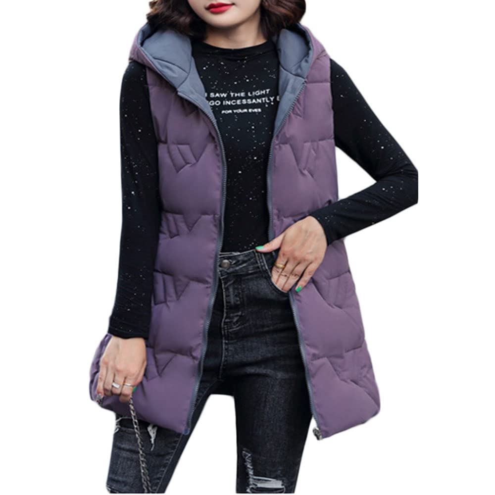 Surwin Women's Purple Blue Long Gilet Jacket Hooded, Casual Reversible Quilted Vest With Pockets Warmer Zip Up Sleeveless Down Jacket Coat Parka Outwear Waistcoat Winter Wear
