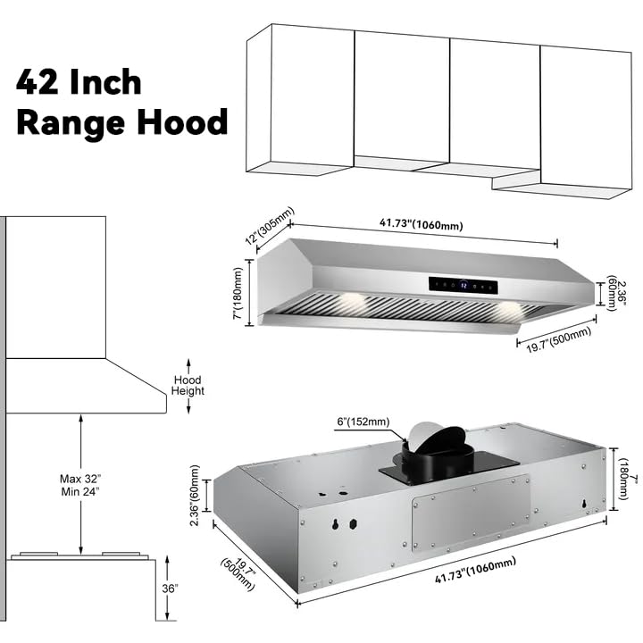 Image of 42 inch Range Hood Under Cabinet 1200 CFM Stainless Steel Stove Vent Hoods