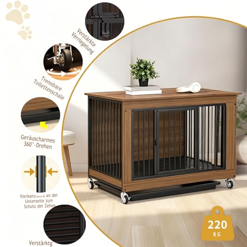 Hundekäfig- Möbel, Hundekäfig mit 360°- Lenkrollen, Hundebox für zu Hause, Holz- Hundehütte, strapazierfähige für den Innenbereich, große Mobile Hundebox (Walnussholz, 100X67X89.5CM)-3
