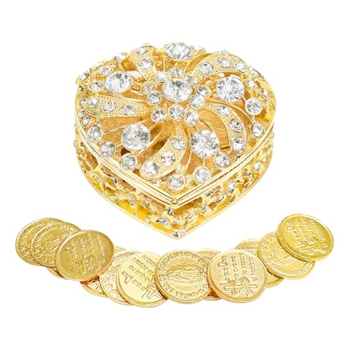 Wedding Arras Coins Set - Gold Heart Shaped Box with 13 Virgen of Guadalupe Coins, Arras De Boda Cristiana, Wedding Accessories for Ceremony