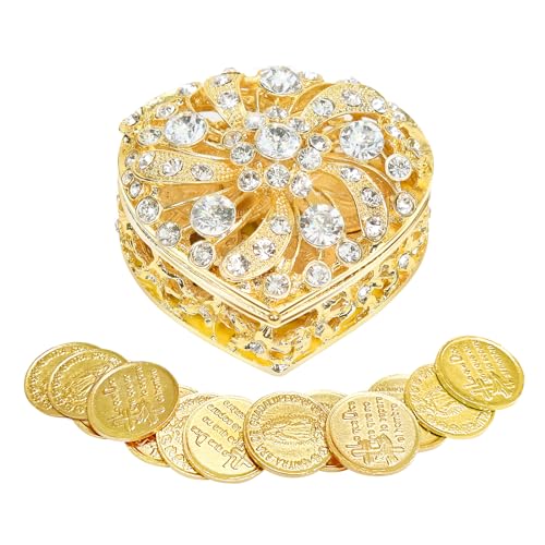 Wedding Arras Coins Set, Arras De Boda Catolica, Arras Para Boda Catolica Decoracion Gold Heart Shaped Box with 13 Virgen of Guadalupe Coins, Arras De Boda Cristiana, Wedding Accessories for Ceremony