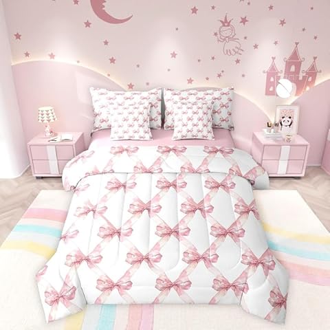 Manfei Pink Bowknot Comforter Set Queen Size,Dreamy Princess Style Bedding Set,Watercolor Bow Geometric Grids Patchwork (Comforter+Fitted+Flat Sheet+2 Pillowcases+2 Throw Pillow Covers) 7 Pcs Cover