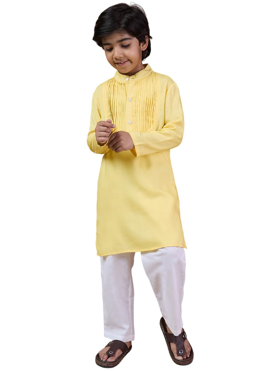 Pspeaches Boys Yoke Design Band Collar Straight Kurta With Pyjamas (6-7Years)