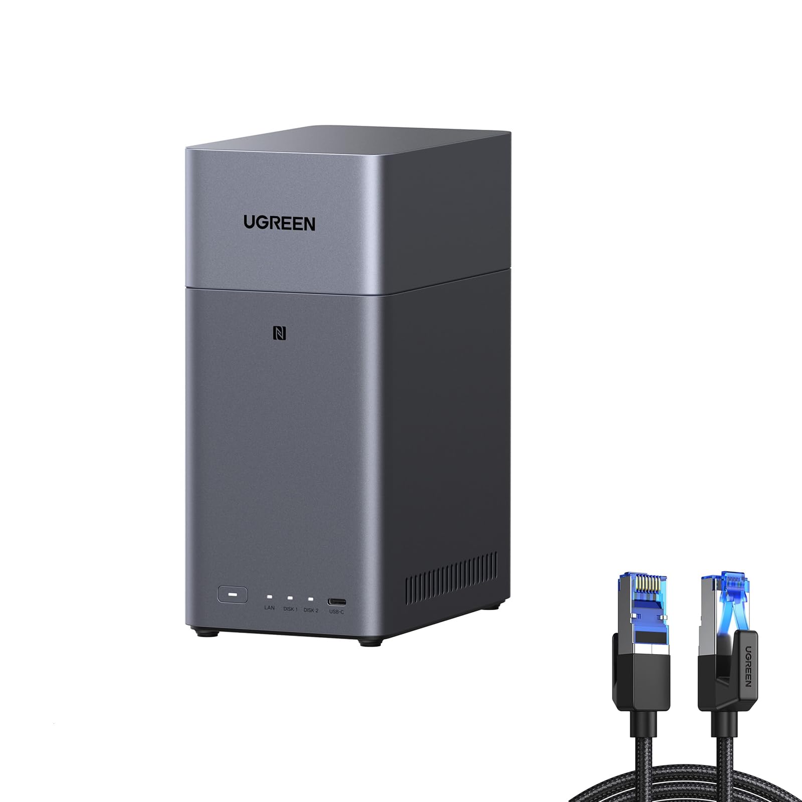 UGREEN NASync DH2300 2 Bay Desktop NAS mit Cat 8 LAN Kabel, NFC Tap zum Verbinden, KI Fotoalbum, 4K Persönliche Videothek, Einsteigerfreundliches NAS-System (Diskless)