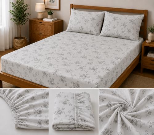 Image of Fitted Bedsheet Light Grey Vintage Floral Print Glace Cotton 210 TC | Single Size for Single Bed Fits 3 x 6.25 ft Mattress (36 x 75 Inch) | All Around Elastic | 2 Pillow Cover | 7 Inch Deep Pocket