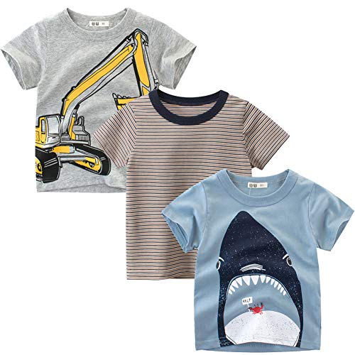 Whteian Baby T-Shirt Infant Toddler Baby Boys Short Sleeve Boys Cotton Tees Kids Shirt Undershirt 12 Months - 6T (3 Colour?Blue Shark ? Gray Excavator ?Khaki Stripe?, 2-3T)