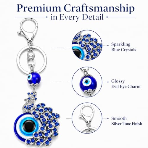 Image of Peacock Shape Pendant Blue Evil Eye Keychain Crystal alloy peacock Keyring for Men and Women