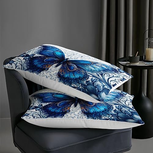 Image of AILONEN Beautiful Blue Butterfly Comforter Set Twin Size, Vintage Blue Flower Bedding Set for Kids Girls,Fly Butterflies Bed in a Bag All Season 3Pcs(1 Comforter + 2 Pillowcases)