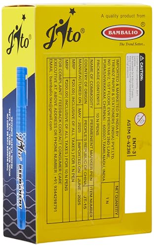 Image of JITO JT-15 Permanent Marker, Refillable, Bullet Tip 2.5 mm Line Width, Anti-Scrub Writing, Non Toxic Xylene Free 10 Units Per Pack, Ink Colour - Blue