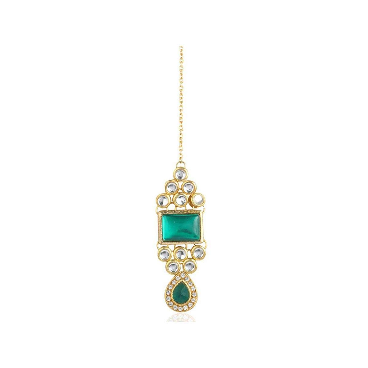 karatcart Traditional Gold Plated Aqua Stone Kundan Maang-Tikka for Women-picture-11