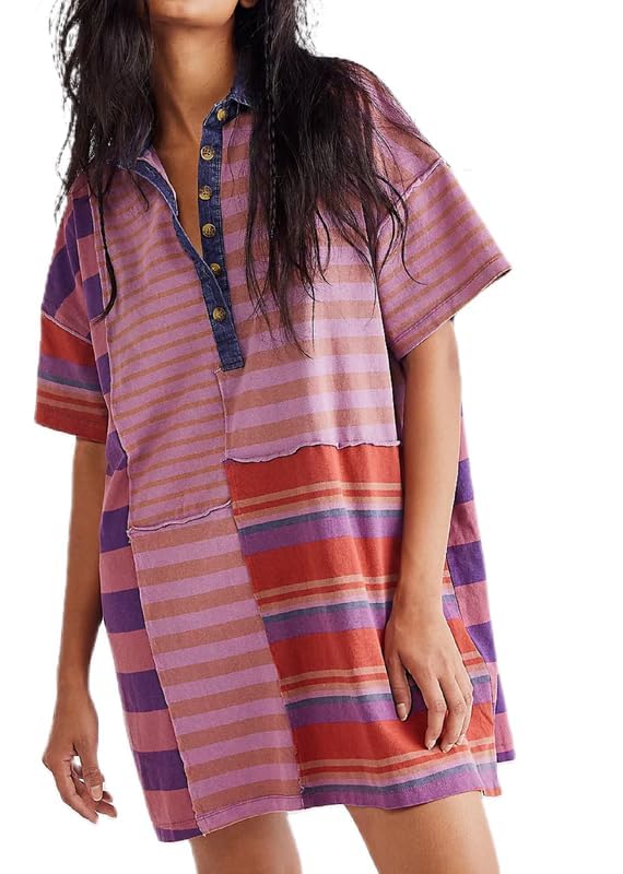Image of NUFIWI Y2K Striped Shirt Mini Dress for Women Oversized Stripe Tunic Tshirt Dresses Short Sleeve Buttons Loose Fit Tee Dress