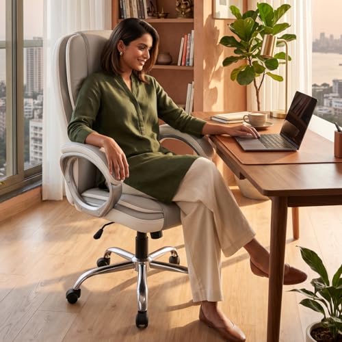 Image of activa Ergonomic Office Chair | Leatherette Seating Chair with Adjustable Height | 3-Year Warranty | 360 Revovling Chair| Comfortable Padded Seating /Suitable for Office /Study (Venture, White & Grey)