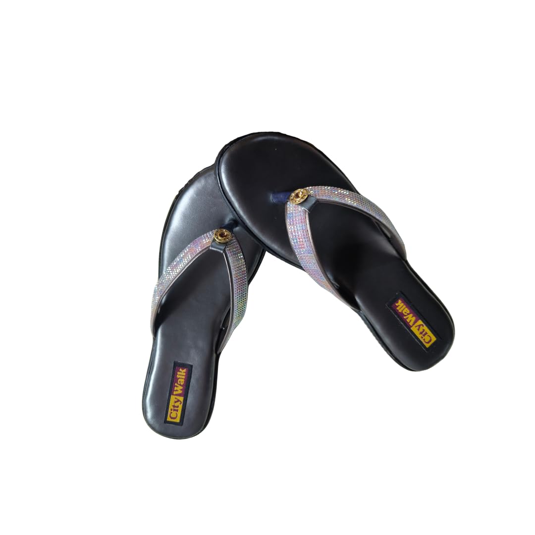 Bright ec Women's Black Sandals Crystal Strap - Comfortable & Stylish Flat Heel Sandals for Casual & Daily Use | Open Toe Design Strap | Trendy Footwear for Women & Girls