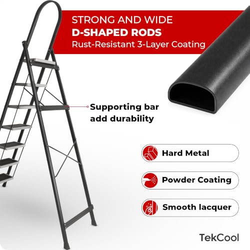 Image of TEKCOOL Ladder for Home 7 Steps Foldable with Built-in Tool Tray | Heavy Duty D Shape Rods | 20 x 30cm Large Platform | Wide Rubber Feet | Secure Lock | 150Kg Capacity