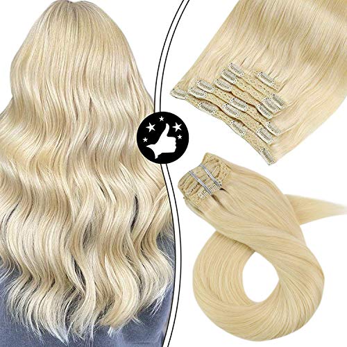 Moresoo Bleach Blonde Clip in Hair Extensions 16inch Full Head Double Weft Hair Extensions 7Pieces/100Grams Blonde Clip in Real Human Hair Extensions Thick Hair