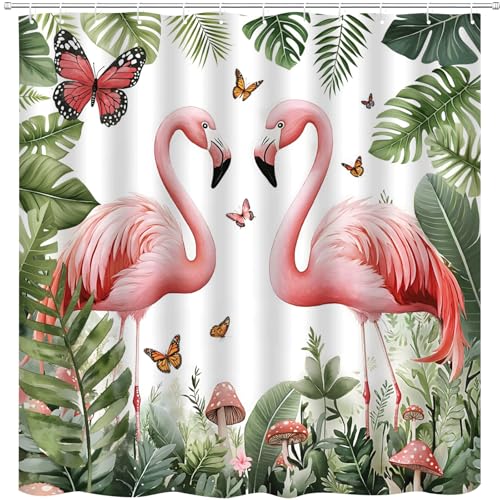Tropical Pink Flamingo Shower Curtain Monstera Spring Summer Green Plant Leaves Butterfly Watercolor Beautiful Birds Botanical Bathroom Curtains Polyester Fabric Bathtub Decor with Hooks 70 x 70 Inch