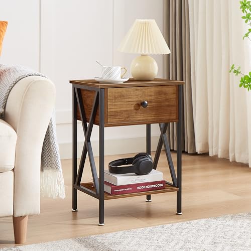 VECELO Nightstands Set of 2, Modern Bedside End Tables, Night Stands with Drawer and Storage Shelf for Living Room Bedroom, Industrial Metal Frame