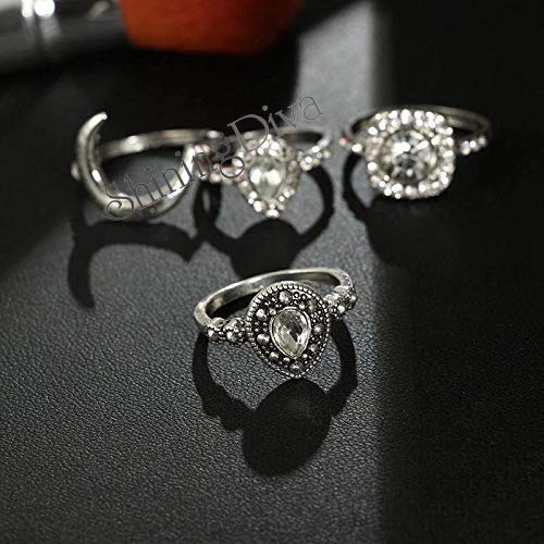 Boho Midi Finger Oxidized Crystal Ring Set of 10