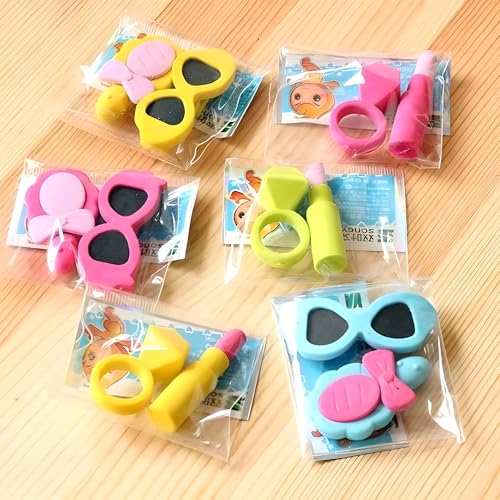 Image of Radiance Novelty 3D Eraser Set - Cute Makeup (Lipstick & Ring) and Sunglasses Designs - Bulk School Supplies, Party Favors, Classroom Prizes for Kids Girls (12 Pack Assortment)