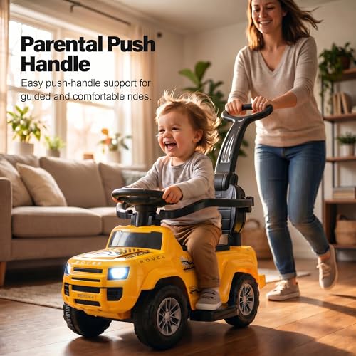 Image of Baybee Ride on Cars for Kids | Baby Push Ride ons Toys Car with Parental Handle & Safety Guardrail | Baby Toy Car with Backrest, Light & Music | Outdoor Kids Cars for 1 to 3 Years (Rover Pro Yellow)